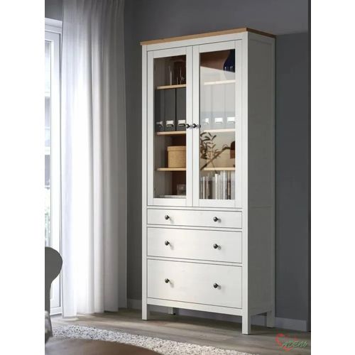 КЫМОР Шкаф-сервант, с 3 ящиками, белый/светло-коричн, 90*37*198 см
